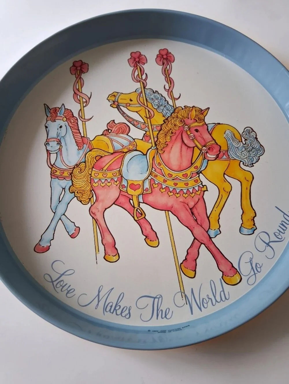 Vintage 80s Carousel Horse Metal Tin Tray Decor